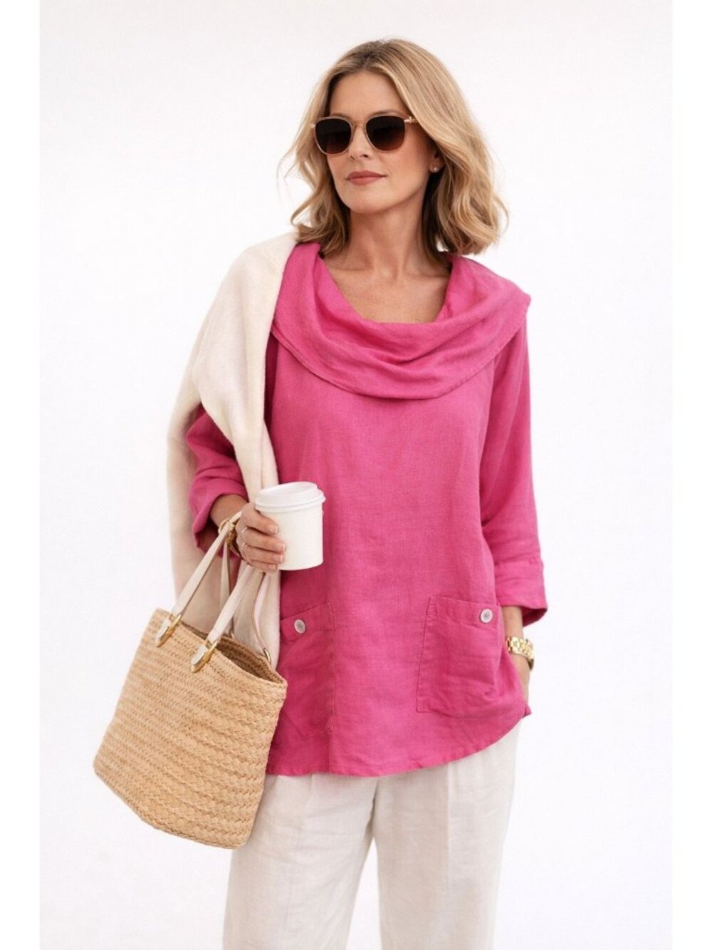Soft Surroundings Pink Cowl Neck Tunic Top Pockets Linen Blend Women M Classic